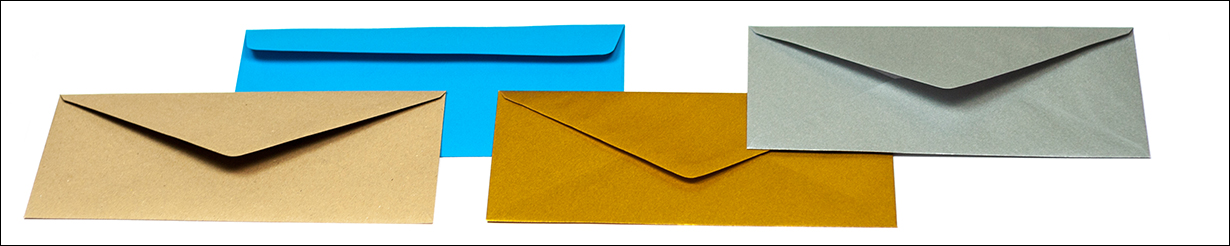 Gekleurde enveloppen DIN Lang 220x110 mm in verschillende kleuren en met verschillende sluitingen, zonder venster