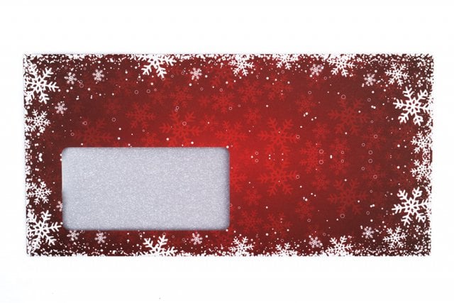 Enveloppen DIN lang met venster, opdruk rood, kerstsneeuw